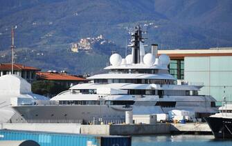 CARRARA, ITALY - MARCH 23: The superyacht 'Scheherazade', which has been linked to Russian President Vladimir Putin, is moored in the port at Marina di Carrara on March 23, 2022 in Carrara, Italy. The yacht 'Scheherazade', which is about 140 meters long and worth over 700 million dollars, is moored at the 'The Italian Sea Group' shipyard. Those onboard deny it is Putin's and claim it is owned by a non-oligarch Russian owner. Yesterday, the President of Ukraine, Volodymyr Zelensky, during his speech to the Italian Parliament requested the seizure of the yacht. (Photo by Laura Lezza/Getty Images)