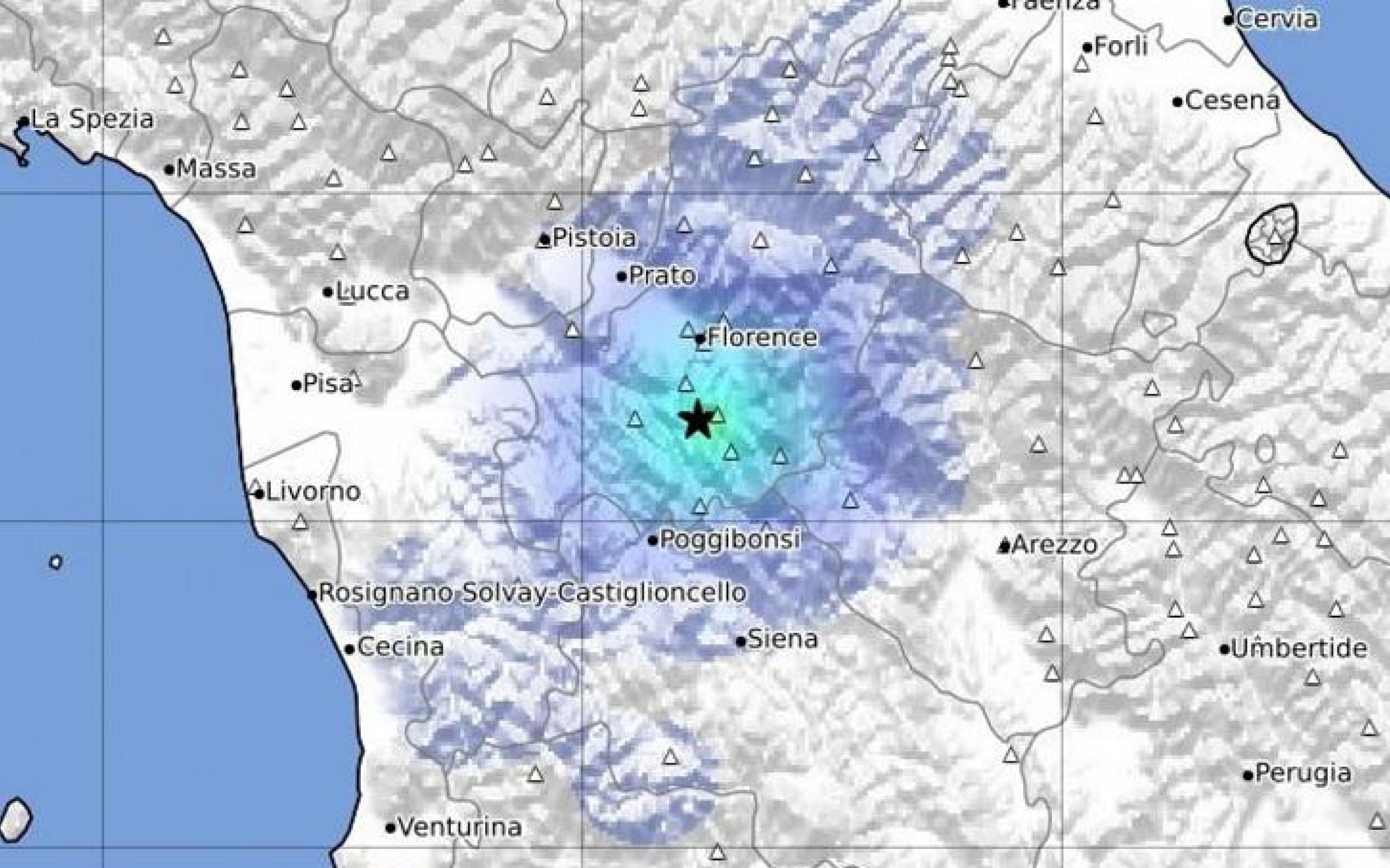 Una forte scossa di terremoto è stata registrata alle 23:12 in provincia di Firenze. Secondo quanto spiega Ingv la stima provvisoria della magnitudo è tr 3.5 e 4. ANSA/INGV +++ NO SALES, EDITORIAL USE ONLY +++