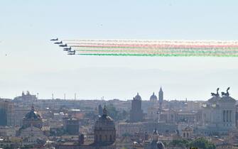 Italian Air Forces aerobatic demonstration team Frecce Tricolori flying during the celebrations of Republic Day, in Rome, Italy, 02 June 2022. The anniversary marks the proclamation of the Italian Republic in 1946. ANSA/CLAUDIO PERI