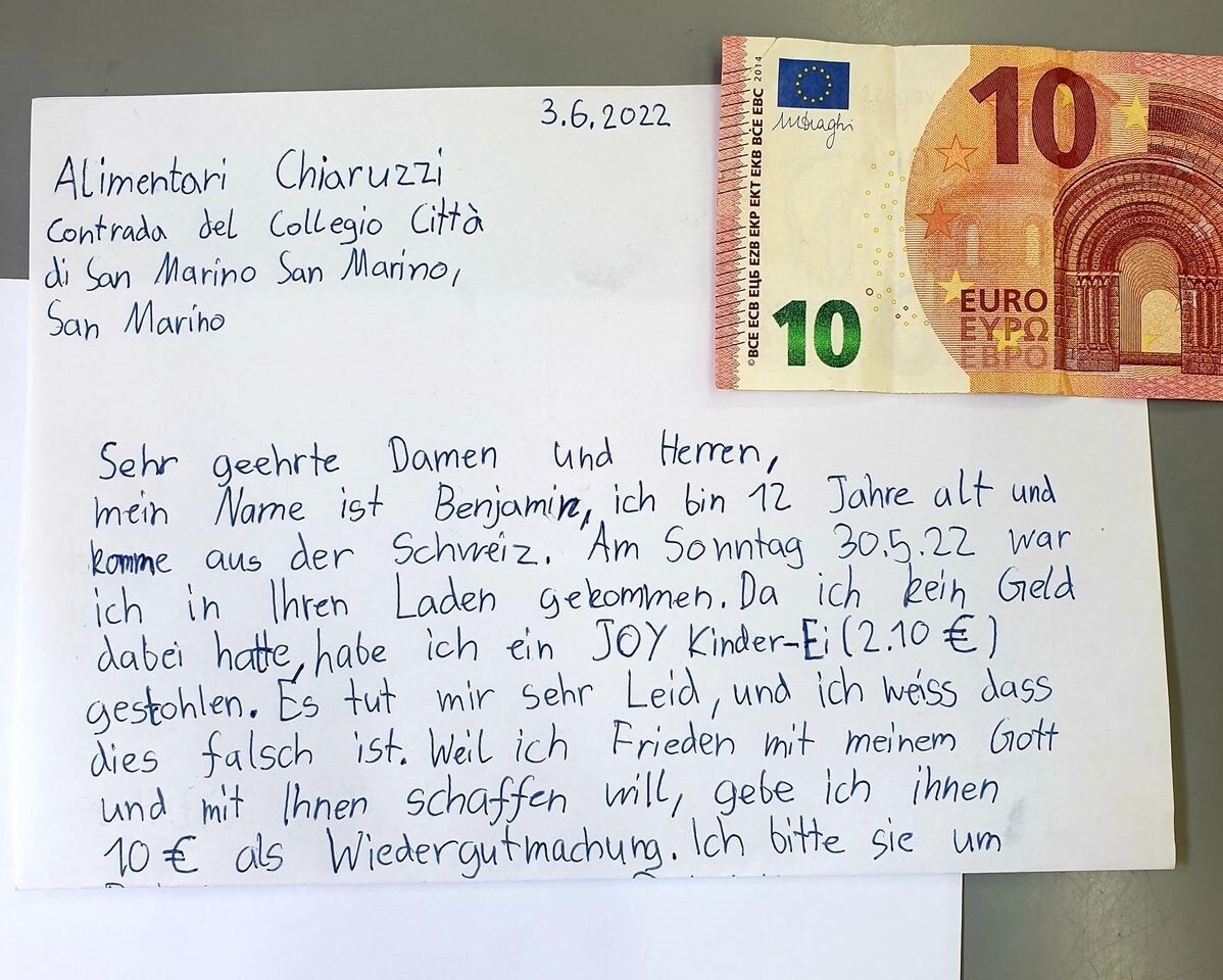 Lettera di scuse di un bambino svizzero dopo aver rubato un ...