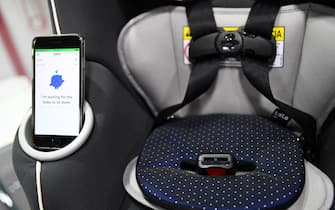 The Tata Pad by Filo, a smart baby car seat alarm to alert when a child is left in a vehicle, is displayed during the Consumer Electronics Show (CES) on January 6, 2022 in Las Vegas, Nevada. - Air purifiers, sensors to prevent a child from being forgotten in the car, intelligent sun visors: there are more and more tools available to make motorists feel safe in their car. The idea is to transform the vehicle "into a sort of healthy cocoon", explained Christophe Perillat, deputy managing director of the French equipment manufacturer Valeo, during a press conference at CES. (Photo by Patrick T. FALLON / AFP) (Photo by PATRICK T. FALLON/AFP via Getty Images)