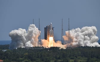 WENCHANG, CHINA - JULY 24: A Long March-5B Y3 rocket carrying China's space station lab module Wentian blasts off from Wenchang Spacecraft Launch Site on July 24, 2022 in Wenchang, Hainan Province of China. (Photo by VCG/VCG via Getty Images)