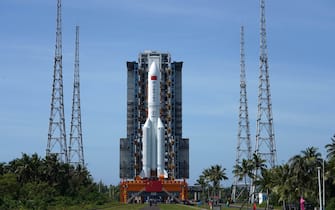 WENCHANG, CHINA - JULY 18, 2022 - The Wentian experimental module and the long march 5B remote three carrier rocket assembly are in transit,, July 18, 2022, Wenchang space launch site, Hainan, China. (Photo credit should read CFOTO/Future Publishing via Getty Images)