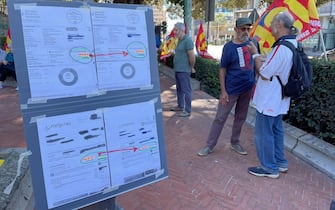 La protesta nel centro di Cagliari, sotto il palazzo dell'Enel e dell'Inps, per protestare contro il caro-bollette e denunciare le speculazioni delle multinazionali, Cagliari, 3 ottobre 2022. ANSA/ ANDREA FRIGO