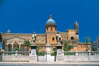The southern facade of the Cathedral of Virgin Mary (UNESCO World Heritage Site, 2015), Palermo, Sicily, Italy, 15th century.