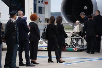 Pope Francis, seated on a wheelchair, is lifted on a platform to board a plane at Rome's Fiumicino airport, prior to depart for a four-day trip to Bahrain in Rome, Italy, 03 November 2022. Pope Francis visits Bahrain, home to the biggest Catholic church in the Arabian peninsula, during a November 03 to 06 trip, and will be the first pope to visit the Persian Gulf country.  ANSA/TELENEWS