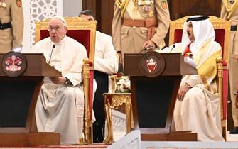 The speech of Pope Francis during the welcome ceremony in the courtyard of Sakhir Royal Palace in Awali, Kingdom of Bahrain, 3 November 2022.   ANSA/MAURIZIO BRAMBATTI
