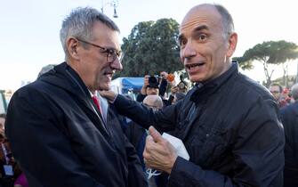 Maurizio Landini with Enrico Letta (R) attend a rally for peace in Rome, Italy, 05 November 2022. The rally was organized by the Europe for Peace movement, calling on all countries to get rid of nuclear weapons and reduce military expenses in favor of aid to the poor.
ANSA/MASSIMO PERCOSSI