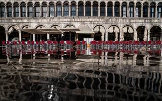 VENICE, ITALY - November 8:
Flood waters cover Piazza San Marco in Venice, Italy on November 8, 2022. The piazza floods during high water events known as acqua alta. These events include high tides and storm surges. 
(Photo by Carolyn Van Houten/The Washington Post via Getty Images)