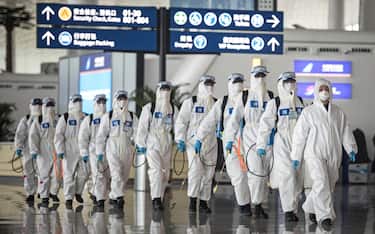 WUHAN, CHINA - APRIL 03: ï¼ CHINA OUTï¼ Firefighters prepare to conduct disinfection at the Wuhan Tianhe International Airport on April 3, 2020 in Wuhan, Hubei Province, China. Wuhan, the Chinese city hardest hit by the novel coronavirus outbreak, conducted a disinfection on the local airport as operations will soon resume on April 8 when the city lifts its travel restrictions. (Photo by Getty Images)