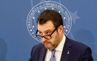Italian Minister for Infrastructure and Deputy Prime Minister Matteo Salvini shaken as soon as he read the news of football manager Sinisa Mihajlovic's death during a press conference at the end of the council of ministers, Rome 16 December 2022.ANSA/FABIO FRUSTACI