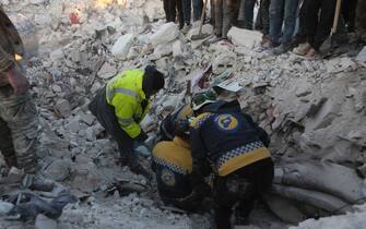 Search and rescue efforts continue after 7.7 and 7.6 magnitude earthquakes hit Idlib district of  Syria's rebel-held northwestern Idlib province on the border with Turkey, on February 8, 2023, two days after a deadly earthquake that hit Turkey and Syria. The death toll from the massive earthquake that struck Turkey and Syria on February 6 rose above 8,300, official data showed, with rescue workers on February 8 still searching for trapped survivors.