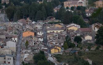 View of Amatrice from a hill one year after the earthquake that during the night of August 24, 2016 destroyed the city. (Photo by Matteo Nardone / Pacific Press)