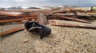 A shoe is seen amid the remains of the boat after migrants washed ashore following a shipwreck, at a beach near Cutro, Crotone province, southern Italy, 26 February 2023. Italian authorities recovered at least 40 bodies on the beach and in the sea near Crotone, in the southern Italian region of Calabria, after a boat carrying migrants sank in rough seas near the coast. About forty people survived the accident, Authorities fear the death toll will climb as rescuers look for survivors. ANSA/ GIUSEPPE PIPITA