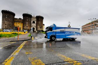 A Police's  truck with riot water cannon adapted for the sanitation of the streets in Naples, Italy, to counter the contagion from Covid-19, 26 march 2020ANSA / CIRO FUSCO