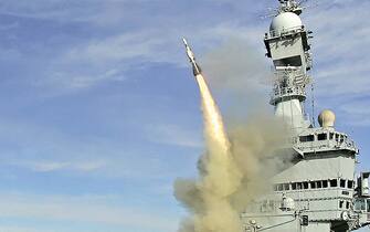 Handout photo shows ASTER 15 firing from Charles de Gaulle aircraft carrier. France and Italy have finalised technical talks for the joint delivery of a SAMP/T-MAMBA air defence system to Ukraine in spring 2023, the French Defence Ministry said on February 3, 2023. The system can track dozens of targets and intercept 10 at once. It is the only European-made system that can intercept ballistic missiles. Ukraine has asked its Western allies for more air defence systems and specifically requested the SAMP/T, known as Mamba, in November. Russian forces invaded Ukraine on February 24, 2022. Photo by MBDA via ABACAPRESS.COM