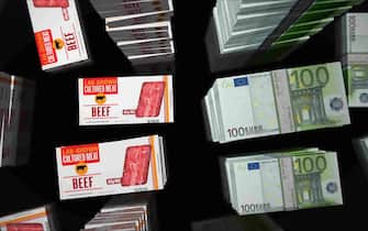 Cultured meat lab-grown box and Euro money bundle stacks. Synthetic beef from biotech science industry. Abstract concept 3d illustration.