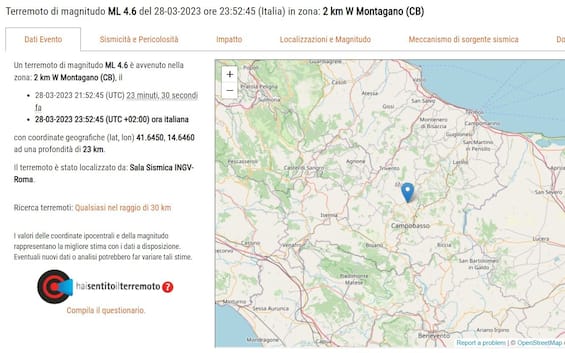 Terremoto in Molise, scossa di magnitudo 4.6 a Montagano, vicino Campobasso