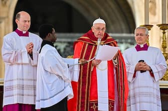 Pope Francis delivers the Angelus prayer at the end of the Palm Sunday mass on April 2, 2023 at St. Peter's square in The Vatican. (Photo by Filippo MONTEFORTE / AFP) (Photo by FILIPPO MONTEFORTE/AFP via Getty Images)