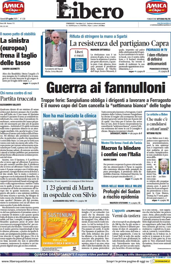 Rassegna Stampa: le prime pagine del 27 Aprile 