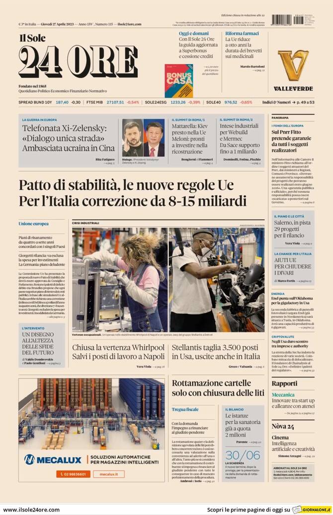 Rassegna Stampa: le prime pagine del 27 Aprile 