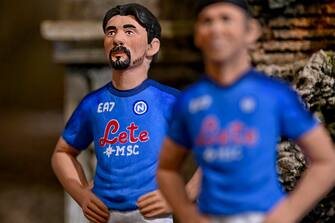 The terracotta statuettes of the Napoli players make up the 'blue nativity scene' created for the upcoming ''Scudetto party'' by the craftsman of San Gregorio Armeno Genny Di Virgilio, in Naples, Italy, 28 April 2023. SSC Napoli lead the Serie A, continuing their seemingly unstoppable march towards the title. ANSA / CIRO FUSCO