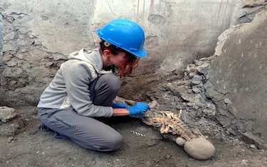 Una archeologa durante la scoperta degli scheletri di due nuove vittime di un terremoto, nell'Insula dei Casti Amanti, a Pompei, in una foto diffusa il 16 maggio 2023. Sono le vittime di un terremoto che ha accompagnato l'eruzione, ritrovate sotto il crollo di un muro avvenuto tra la fase finale di sedimentazione dei lapilli. ANSA/ UFFICIO STAMPA MINISTERO DELLA CULTURA ++HO - NO SALES EDITORIAL USE ONLY +NPK+