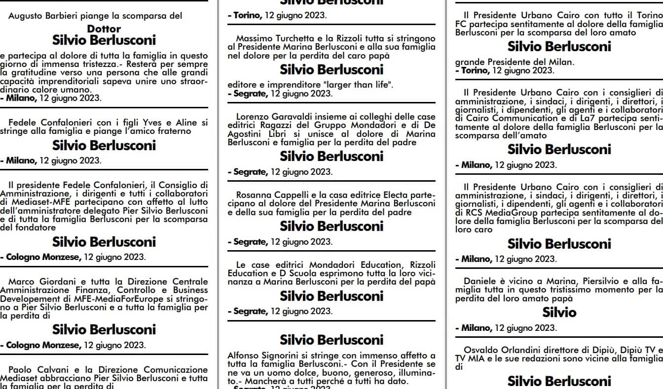 Necrologi su Silvio Berlusconi sul Corriere della Sera