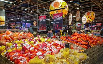 Bergamo, Italy - April 29, 2022: Food selection in Italian Iper supermarket.