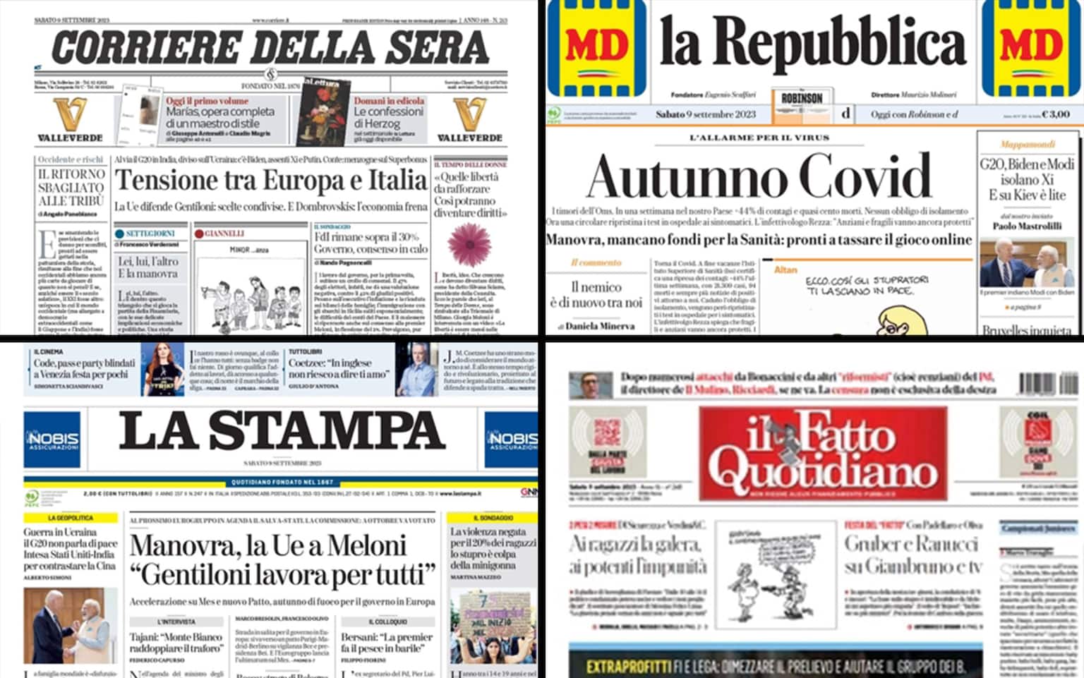 Le prime pagine dei quotidiani di oggi 9 settembre la rassegna stampa