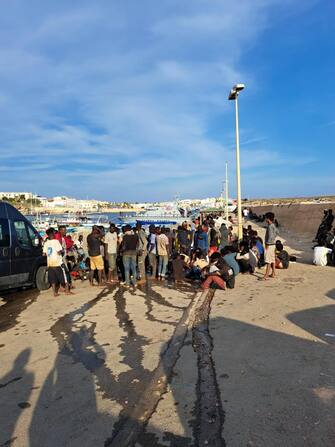 Migranti giunti a Lampedusa in attesa dei trasferimenti, 13 settembre 2023.
//////////
A group of migrants wait on the island of Lampedusa as Italian authorities prepare for transferring people following new arrivals, southern Italy, 13 September 2023. 
ANSA/CONCETTA RIZZO