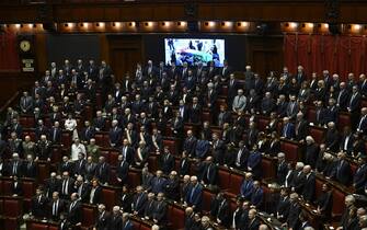 The parliamentarians standingduring the secular State Funeral for the President Emeritus Giorgio Napolitano, in the Chamber of Montecitorio in Rome, Italy, 26 September 2023.  Italy on Tuesday mourns Giorgio Napolitano, the nation's first two-time president who died aged 98 in Rome on Friday, with a non-religious State funeral in the Lower House. 
 ANSA/ALESSANDRO DI MEO