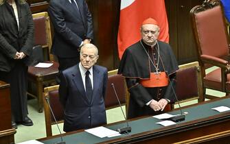 Gianni Letta and  Cardinal Gianfranco Ravasi during the secular State Funeral for the President Emeritus Giorgio Napolitano, in the Chamber of Montecitorio in Rome, Italy, 26 September 2023.  Italy on Tuesday mourns Giorgio Napolitano, the nation's first two-time president who died aged 98 in Rome on Friday, with a non-religious State funeral in the Lower House. 
 ANSA/ALESSANDRO DI MEO