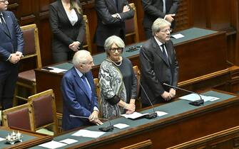 Giuliano Amato, Anna Finocchiaro, Paolo Gentiloni during the secular State Funeral for the President Emeritus Giorgio Napolitano, in the Chamber of Montecitorio in Rome, Italy, 26 September 2023.  Italy on Tuesday mourns Giorgio Napolitano, the nation's first two-time president who died aged 98 in Rome on Friday, with a non-religious State funeral in the Lower House. 
 ANSA/ALESSANDRO DI MEO