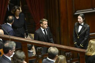 French President Emmanuel Macron as he arrives  for the secular State Funeral for the President Emeritus Giorgio Napolitano, in the Chamber of Montecitorio in Rome, Italy, 26 September 2023.  Italy on Tuesday mourns Giorgio Napolitano, the nation's first two-time president who died aged 98 in Rome on Friday, with a non-religious State funeral in the Lower House. 
 ANSA/ALESSANDRO DI MEO