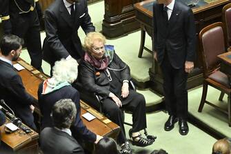 Clio Napolitano (C, in wheelchair) during the secular State Funeral for the President Emeritus Giorgio Napolitano, in the Chamber of Montecitorio in Rome, Italy, 26 September 2023.  Italy on Tuesday mourns Giorgio Napolitano, the nation's first two-time president who died aged 98 in Rome on Friday, with a non-religious State funeral in the Lower House. 
 ANSA/ALESSANDRO DI MEO