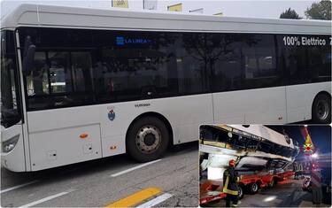 Modell av bussen som kraschade i Mestre och foto av olyckan 