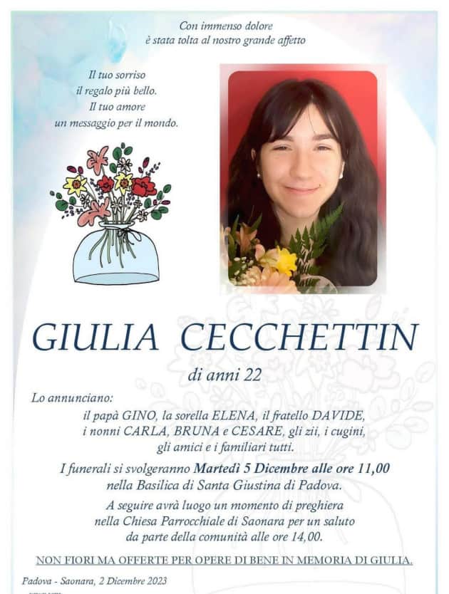 Il manifesto per i funerali di Giulia Cecchettin