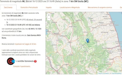 Sisma di magnitudo 3.6 a Ussita, nell'area di Macerata