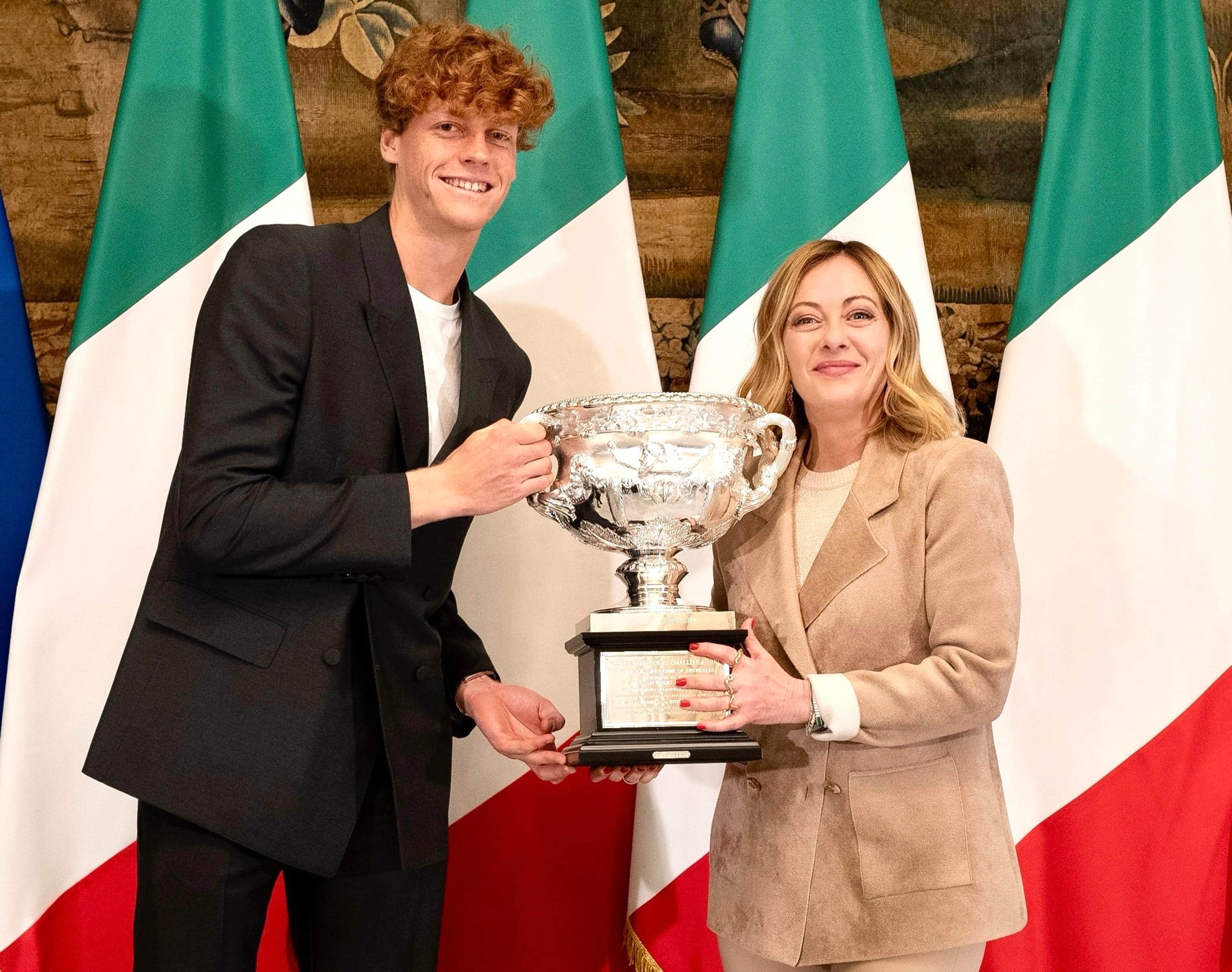 A handout picture, provided by Chigi Palace Press Office, shows Italian Premier, Giorgia Meloni, with tennis player, Jannik Sinner, at Chigi Palace, in Rome, Italy, 30 January 2024.    NPK     ANSA / Filippo Attili - Chigi Palace Press Office handout   +++ ANSA PROVIDES ACCESS TO THIS HANDOUT PHOTO TO BE USED SOLELY TO ILLUSTRATE NEWS REPORTING OR COMMENTARY ON THE FACTS OR EVENTS DEPICTED IN THIS IMAGE; NO ARCHIVING; NO LICENSING +++