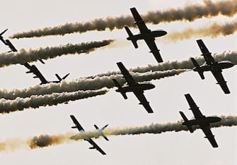 Italian aerobatic group "Frecce Tricolori" performs, Saturday 28 June 2003, during the airshow 'Airpower 03'  in Zeltweg, Austria. It is one of the biggest European airshow events.  EPA PHOTO/APA/SPORTSANDNEWS/WOLFGANG GREBIEN