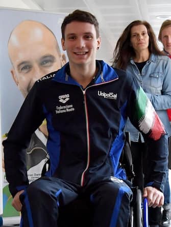 Manuel Bortuzzo arriva al Centro Federale di Ostia per un incontro con la stampa, Roma, 13 marzo 2019.  ANSA/ETTORE FERRARI









