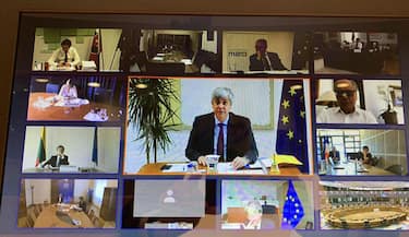 La riunione dell'Eurogruppo in videoconferenza, 8 maggio 2020.
ANSA/consilium.europa.eu EDITORIAL USE ONLY NO SALES
