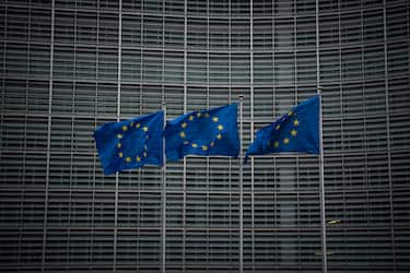 BRUSSELS, BELGIUM - MARCH 02: European flags are seen outside the European Commission on March 02, 2020 in Brussels, Belgium. The UK chief negotiator David Frost has met his EU counterpart Michel Barnier to begin formal negotiations of the future relationship between the EU and UK. (Photo by Leon Neal/Getty Images)