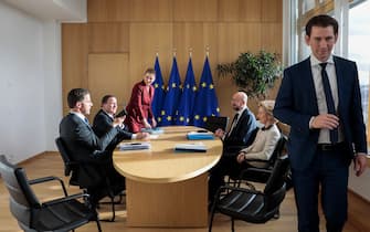 Heads of self-styled "frugal" nations (LtoR) Netherlands' Prime Minister Mark Rutte, Sweden's Prime Minister Stefan Lofven, Denmark's Prime Minister Mette Frederiksen, President of the European Council Charles Michel, President of the European Commission Ursula von der Leyen and Austria's Chancellor Sebastian Kurz, meet on the sidelines of a special European Council summit in Brussels on February 20, 2020, held to discuss the next long-term budget of the European Union (EU). (Photo by Virginia Mayo / POOL / AFP) (Photo by VIRGINIA MAYO/POOL/AFP via Getty Images)