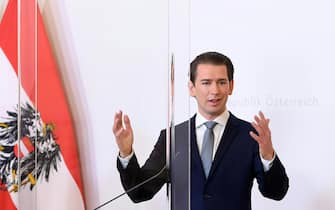 Austrian Chancellor Sebastian Kurz gives a press conference on April 6, 2020 in Vienna, amid the novel coronavirus Covid-19 pandemic. - Austria could start easing its coronavirus lockdown measures from next week, Chancellor Sebastian Kurz said on April 6, 2020, but warned that this depended on citizens abiding by social distancing rules. (Photo by HELMUT FOHRINGER / APA / AFP) / Austria OUT (Photo by HELMUT FOHRINGER/APA/AFP via Getty Images)
