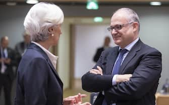 1180673599 BRUSSELS, BELGIUM - NOVEMBER 7, 2019: President of the European Central Bank (ECB) Christine Lagarde (L) is seen talking with the Italian Minister Economy & Finance Roberto Gualtieri (R) prior the start of a Eurozone Ministers meeting in the Europa, the EU Council headquarter in Brussels on November 7, 2019. Ministers will exchange views on investment in innovation and research as a means to boost productivity and competitiveness in the euro area. The Eurogroup is the monthly and informal meeting of the finance ministers of the Member States of the euro zone, with a view to coordinating their economic policies. (Photo by Thierry Monasse/Getty Images)