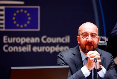 President of the European Council Charles Michel looks on as he attends an EU summit at the European Council building in Brussels, on July 18, 2020, as the leaders of the European Union hold their first face-to-face summit over a post-virus economic rescue plan. - The EU has been plunged into a historic economic crunch by the coronavirus crisis, and EU officials have drawn up plans for a huge stimulus package to lead their countries out of lockdown. (Photo by FRANCOIS LENOIR / POOL / AFP) (Photo by FRANCOIS LENOIR/POOL/AFP via Getty Images)