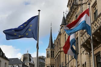 LUXEMBOURG - OCTOBER 12: Flags fly in front of the Palais Grand-Ducale as Luxembourg prepares for its Royal Wedding, on October 12, 2012 in Luxembourg. Guillaume, Hereditary Grand Duke of Luxembourg will marry Belgian Countess Stephanie de Lannoy on October 20.  (Photo by Hannelore Foerster/Getty Images)