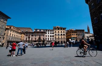 A general view shows the Piazza della Signoria in Florence on June 2, 2020, on the eve of the reopening of the Uffizi Gallery Museum to the public, as the country eases its lockdown aimed at curbing the spread of the COVID-19 infection, caused by the novel coronavirus. (Photo by Tiziana FABI / AFP) (Photo by TIZIANA FABI/AFP via Getty Images)